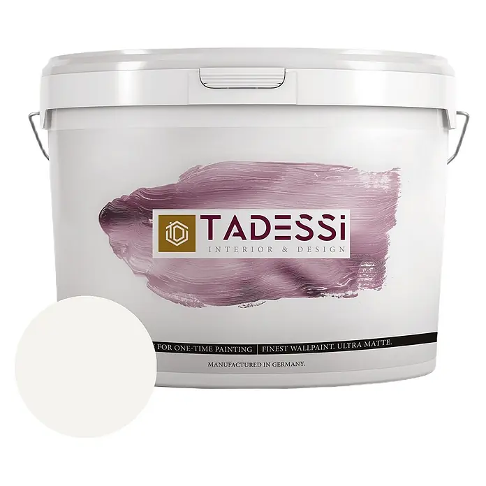 Tadessi Wandfarbe Alabaster - Beige, Matt, 5 l - Weißer Tadessi Farbeimer mit Etikett, der feinste ultramatte weiße Wandfarbe zeigt.