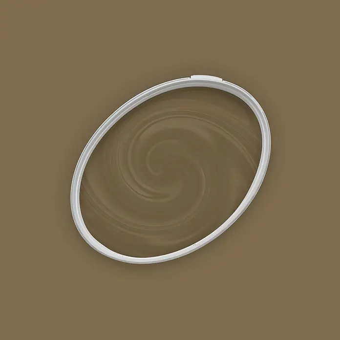 Tadessi Wandfarbe Schoko Mocha - Braun, Matt, 2,5 l - Weißer ovaler Rahmen mit Verschluss, der ein braunes Wirbelmuster umschließt.