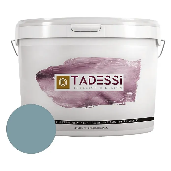 Tadessi Wandfarbe Eisblau - Grün, Matt, 2,5 l - TADESSI Eimer Ultramatt Innenwandfarbe mit blau-grauer Farbmuster.