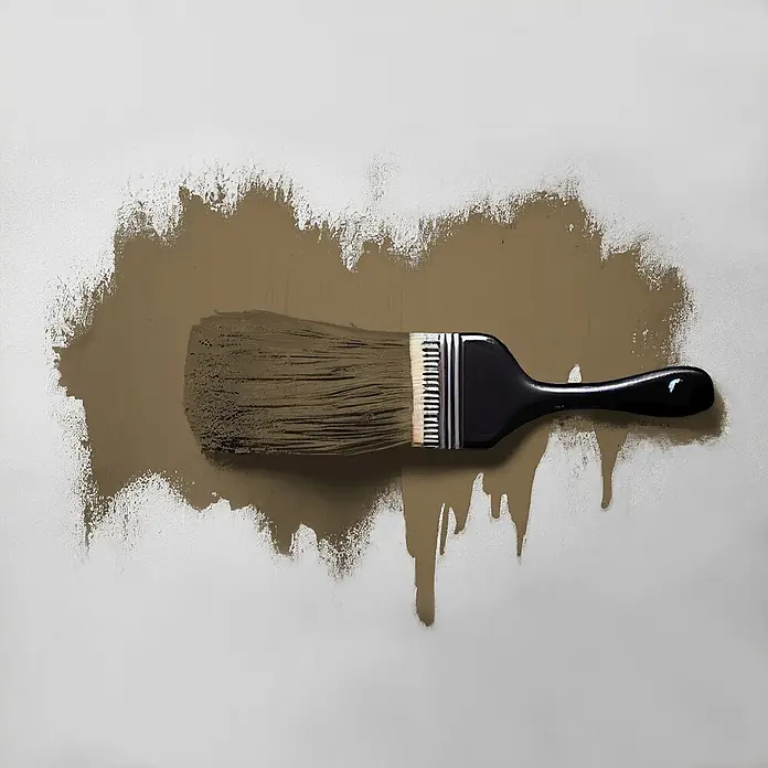 Tadessi Wandfarbe Schoko Mocha - Braun, Matt, 2,5 l - Pinsel mit schwarzem Griff und brauner Farbe an den Borsten, der eine Fläche braun streicht.