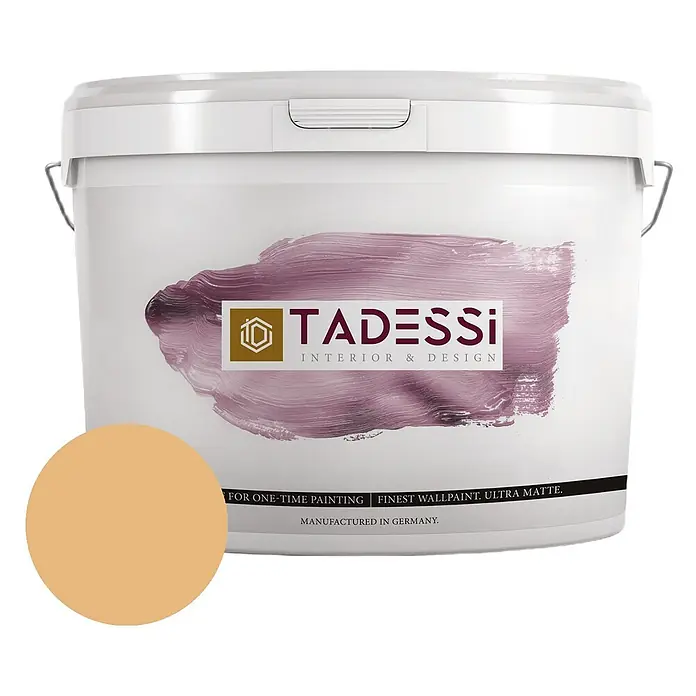 Tadessi Wandfarbe Bernstein Hell - Orange, Matt, 5 l - Weißer TADESSI Farbeimer mit helloranger Farbprobe für ultramatte Wandfarbe.