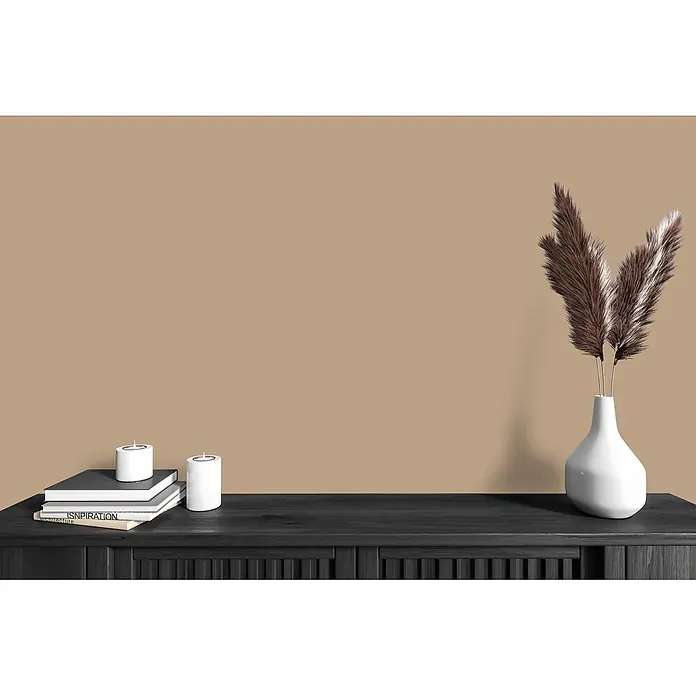 Tadessi Wandfarbe Mocha Hell - Braun, Matt, 5 l - Beige gestrichene Wand in einem modernen Wohnraum mit dunklem Konsolentisch und Dekoration.