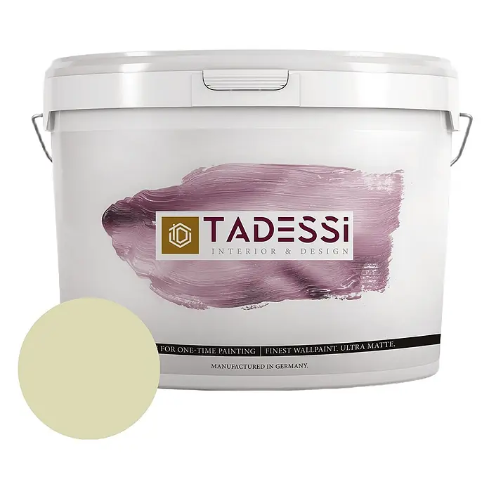 Tadessi Wandfarbe Grün - Grün, Matt, 2,5 l - Weißer TADESSI Farbeimer mit hellcremefarbenem Farbmuster. Ultramatte Wandfarbe.