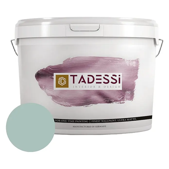 Tadessi Wandfarbe Sage Green - Grün, Matt, 5 l - Weißer TADESSi Ultra-Matt Wandfarbeimer mit hellblaugrüner Farbmusterung.