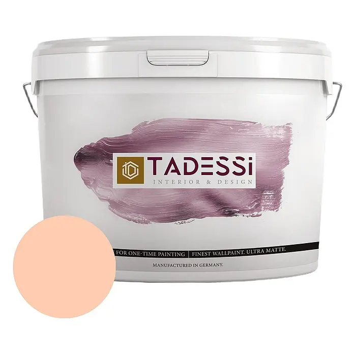 Tadessi Wandfarbe Korallenhell - Rosa, Matt, 2,5 l - Weißer Farbeimer für ultra matte Wandfarbe von Tadessi mit einem hellen pfirsichfarbenen Farbmuster.