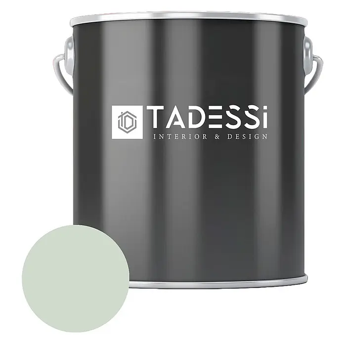 Tadessi Wandfarbe Flamingo - Grün, Matt, 2,5 l - Dunkelgrauer TADESSI Farbkanister mit weißem Logo und hellgrüner Farbmuster.