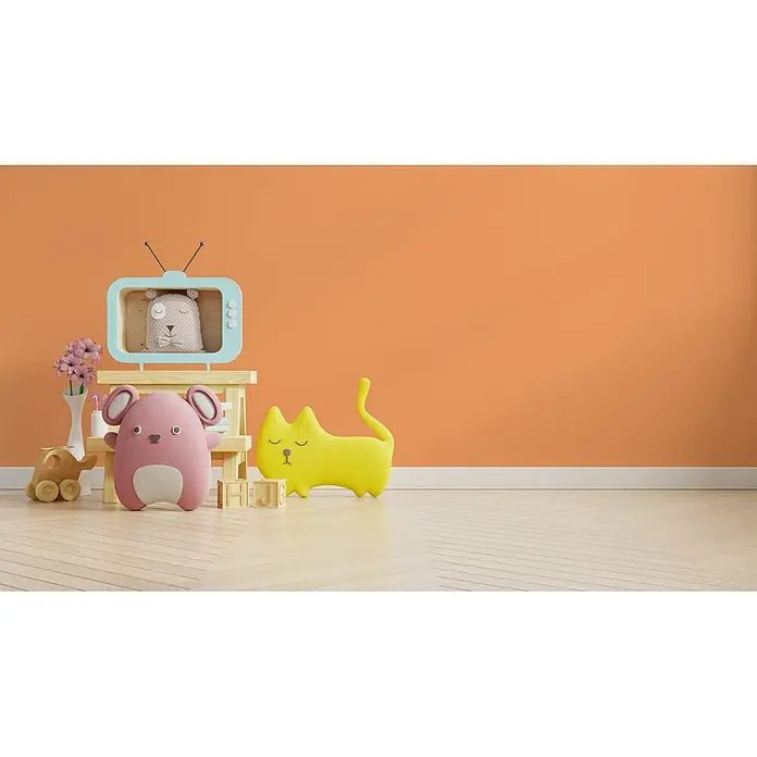 Tadessi Wandfarbe Mandarine - Orange, Matt, 5 l - Niedliche Kinderecke mit hellblauem Spielzeug-TV-Regal, rosa Maus- und gelben Katzenkissen, Holzklötzen und Spielzeug auf Holzboden.