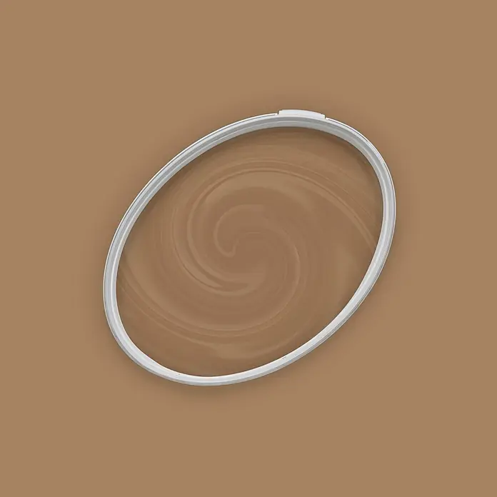 Tadessi Wandfarbe Mocha - Braun, Matt, 5 l - Klarer ovaler Deckel mit weißem Rand und Verschluss, über wirbelndem braunem Produkt, auf braunem Hintergrund.