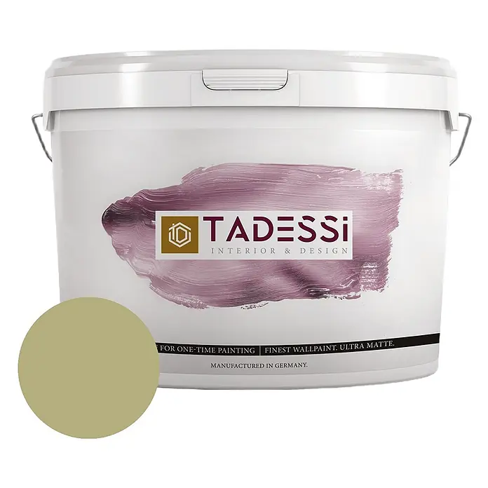 Tadessi Wandfarbe Sage Green - Grün, Matt, 2,5 l - Weißer Eimer TADESSI Ultra Matt Wandfarbe mit hellolivgrünem Farbmuster.