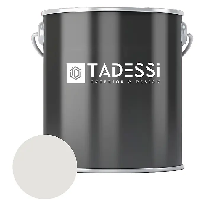 Tadessi Wandfarbe Perlmutt - Creme, Matt, 1 l - TADESSI dunkelgraue Farbdose und helles Cremeweiß-Farbmuster.