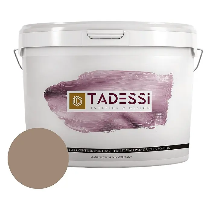Tadessi Wandfarbe Dunkelgrau Mocha - Braun, Matt, 2,5 l - Weißer Tadessi Farbeimer, feinste ultramatte Innenwandfarbe, mit brauner Farbprobe.
