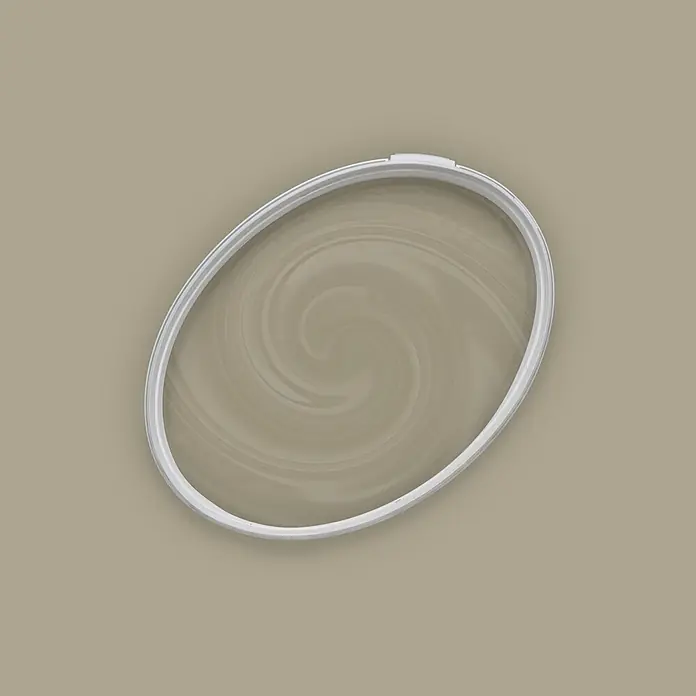 Tadessi Wandfarbe Dunkelgrau Mocha - Braun, Matt, 2,5 l - Ovaler Stickrahmen mit hellem Rand und spiralförmigem Muster im Inneren.