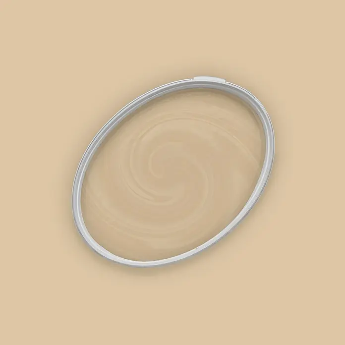 Tadessi Wandfarbe Toffee Mocha - Beige, Matt, 5 l - Offener ovaler Behälter mit silbernem Rand, gefüllt mit verwirbelter hellbeiger Farbe.