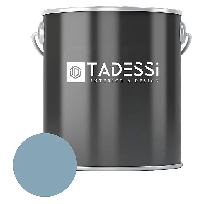 Tadessi Wandfarbe Helles Blau - Blau, Matt, 1 l - TADESSI dunkelgrauer Farbeimer mit hellblau-grauer Farbmusterung. Für Innenarchitektur & Design.