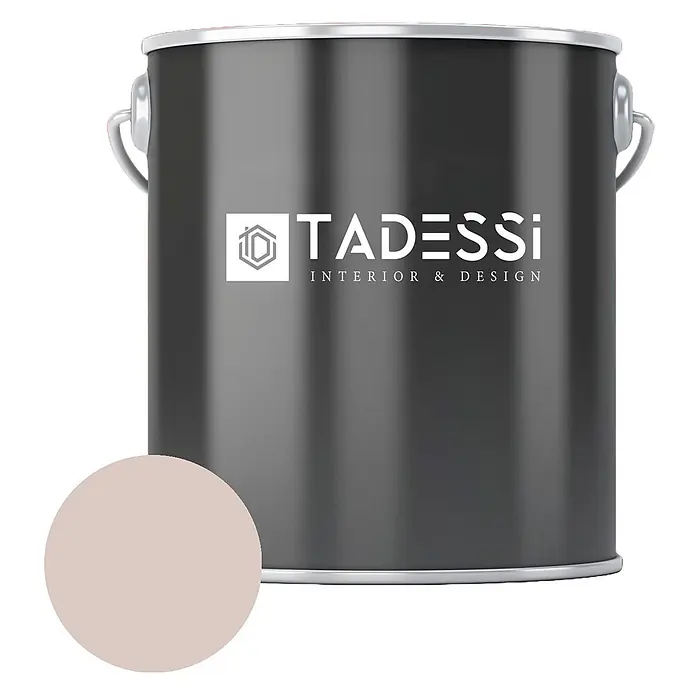 Tadessi Wandfarbe Kupferrot - Beige, Matt, 1 l - Dunkelgraue Farbflasche mit 'TADESSI' Logo und einem separaten runden hellrosa Farbmuster.