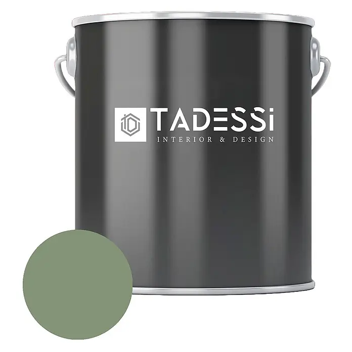 Tadessi Wandfarbe Khakigrün - Grün, Matt, 2,5 l - Dunkelgrauer TADESSI Farbtopf mit rundem salbeigrünem Farbmuster für Innenräume.