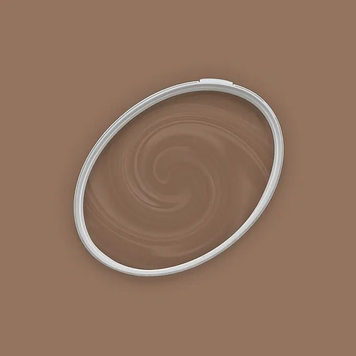 Tadessi Wandfarbe Mandel Mocha - Braun, Matt, 5 l - Weißer ovaler Stickrahmen mit braunem Wirbelmuster innen.