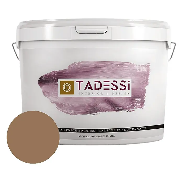 Tadessi Wandfarbe Kakao Mocha - Braun, Matt, 2,5 l - Weißer TADESSI Farbeimer mit brauner Farbprobe, enthält ultramatte Wandfarbe.
