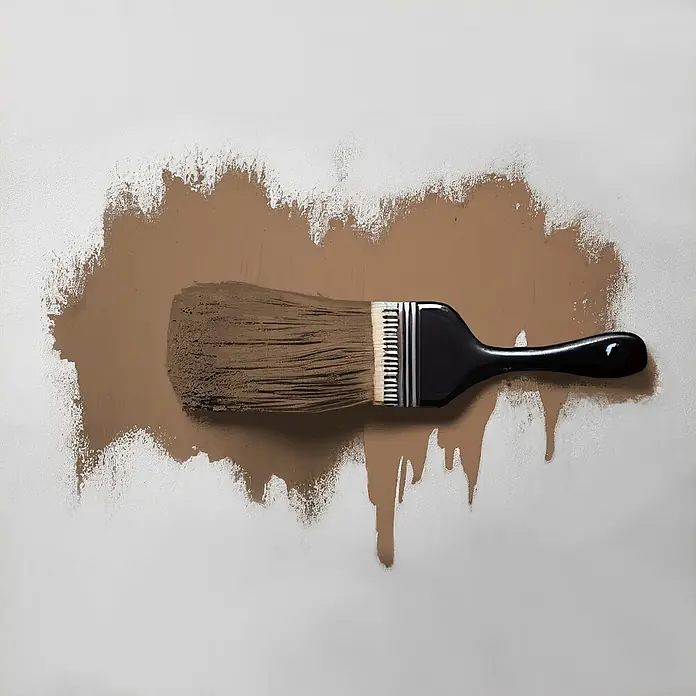 Tadessi Wandfarbe Kakao Mocha - Braun, Matt, 2,5 l - Pinsel mit schwarzem Griff und braunen Borsten trägt braune Farbe auf.