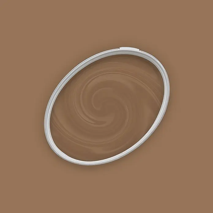 Tadessi Wandfarbe Kakao Mocha - Braun, Matt, 2,5 l - Weißer ovaler Kunststoffrahmen mit brauner Wirbelflüssigkeit, auf braunem Hintergrund.