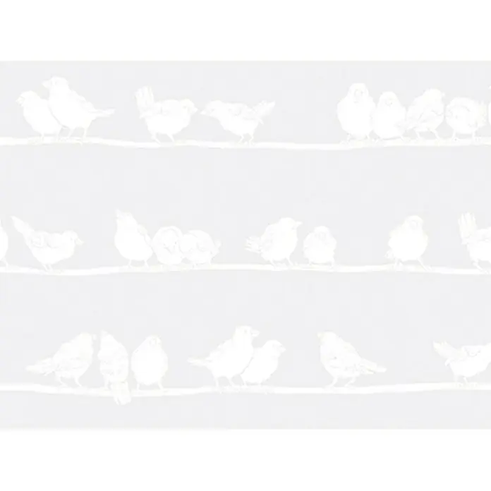 D-c-fix Static Premium Glasfolie Filippa - 150 x 45 cm, Transluzent, Statisch haftend - Das Bild zeigt ein zartes Muster mit weißen Vögeln, die auf Drähten sitzen, auf einem hellgrauen Hintergrund. Das Design wirkt beruhigend und elegant.