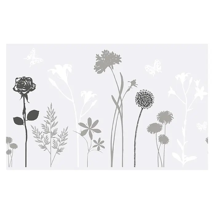 D-c-fix Static Premium Glasfolie Blossom - 150 x 45 cm, Transluzent, Statisch haftend - Grafische Darstellung von Blumen und Schmetterlingen in Grau- und Weißtönen, die eine ruhige und elegante Atmosphäre schaffen.