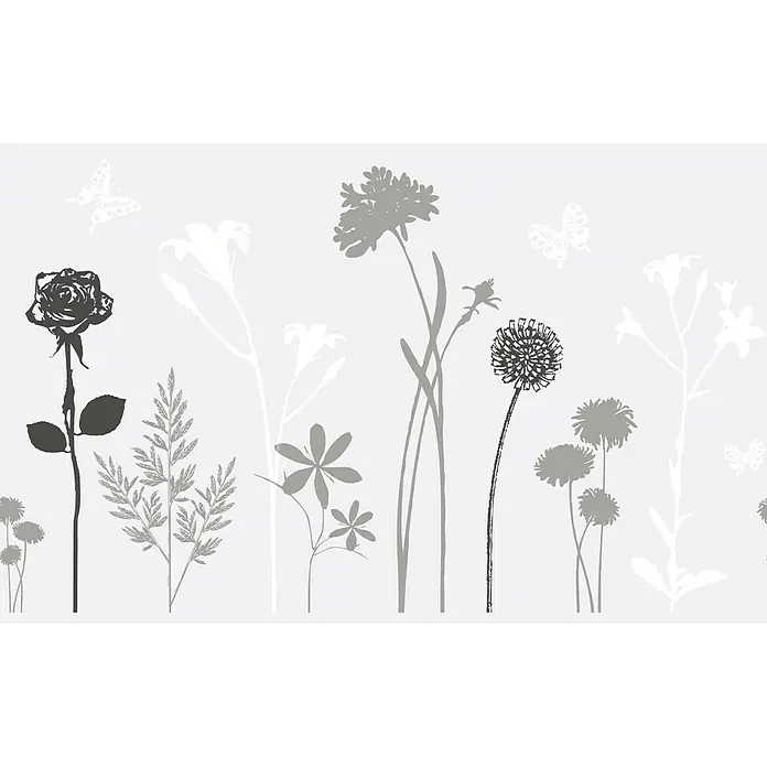 D-c-fix Static Premium Glasfolie Blossom - 150 x 45 cm, Transluzent, Statisch haftend - Grafische Darstellung von Blumen und Schmetterlingen in Grau- und Weißtönen, die eine ruhige und elegante Atmosphäre schaffen.