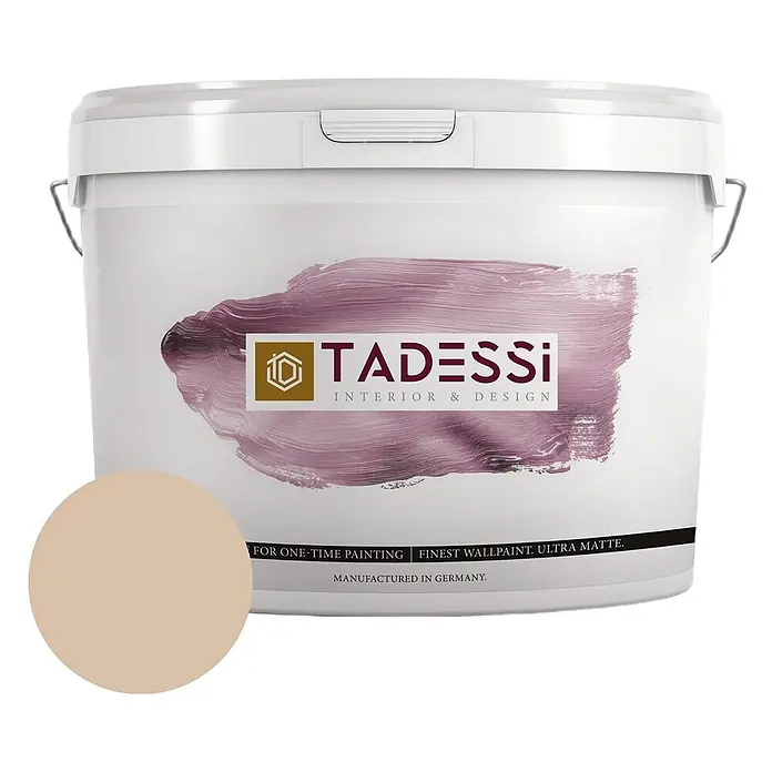 Tadessi Wandfarbe Honig Mocha - Beige, Matt, 5 l - TADESSI weißer Farbeimer mit hellbeigem, ultra-mattem Wandfarbmuster. Hergestellt in Deutschland.