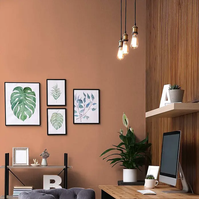 Tadessi Wandfarbe Melone - Orange, Matt, 1 l - Modernes Zimmer mit Terrakottawänden, botanischen Drucken und minimalistischem Holzschreibtisch.