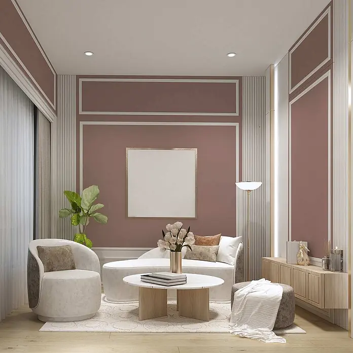 Tadessi Wandfarbe Mandel - Braun, Matt, 1 l - Elegantes Wohnzimmer mit altrosa Wänden, weißen Zierleisten, hellbeigen Polstermöbeln und Holzdetails, inklusive Chaiselongue und Sessel.