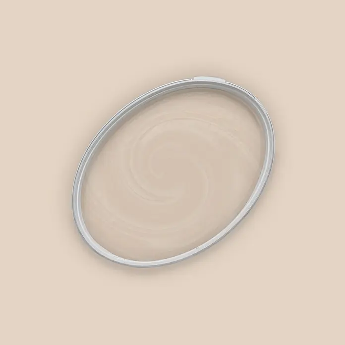 Tadessi Wandfarbe Mandelcreme - Beige, Matt, 2,5 l - Hellergrauer ovaler Lebensmittelbehälterdeckel mit klarer, wirbelnder Mitte.