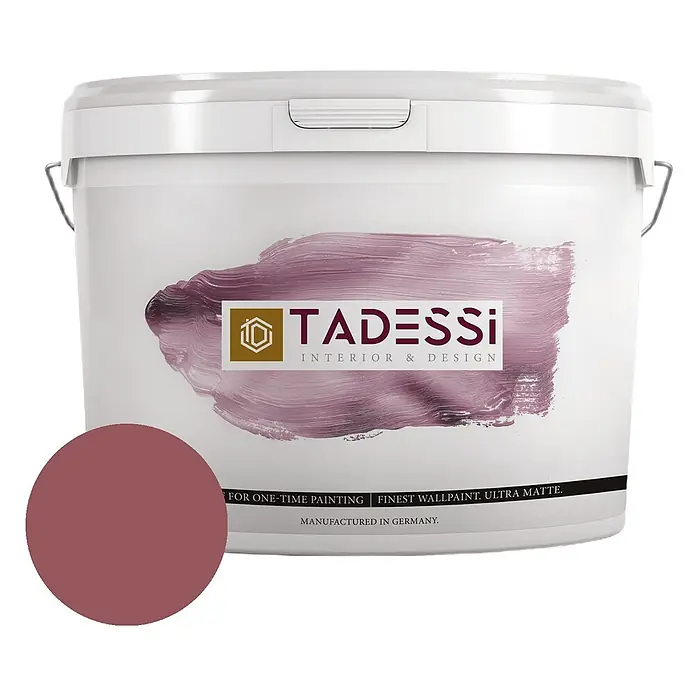 Tadessi Wandfarbe Bordeaux Cherry Rot - Rot, Matt, 2,5 l - Weißer TADESSI Farbeimer mit einer malvenfarbenen, ultramatten Wandfarbprobe.