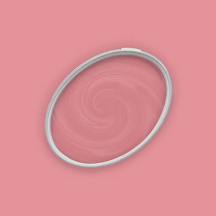Tadessi Wandfarbe Himbeerpink - Rosa, Matt, 5 l - Ovaler Stickrahmen mit hellgrauem Rand und rosa gewirbeltem Stoff, auf rosa Hintergrund.