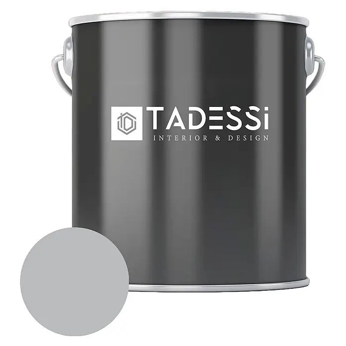 Tadessi Wandfarbe Stahlgrau - Grau, Matt, 1 l - Graue TADESSI Farbkanne mit passender hellgrauer Farbmuster.