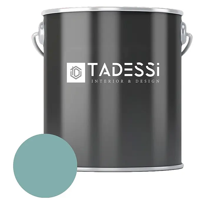 Tadessi Wandfarbe Grünblau - Blau, Matt, 1 l - Dunkelgraue Tadessi-Farbendose mit rundem teal-farbenem Farbmuster, deutet auf ein Innenraumfarbprodukt hin.