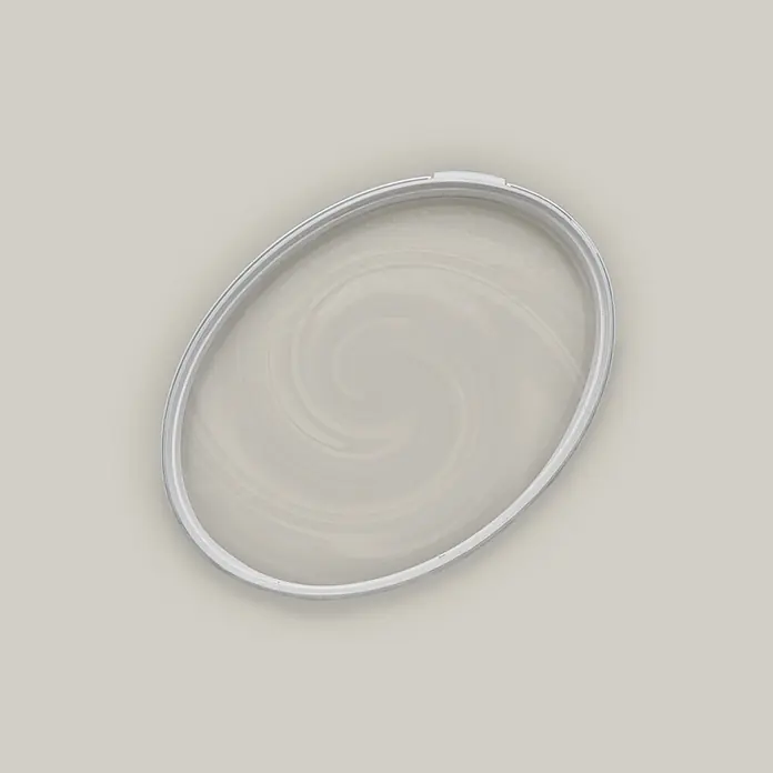 Tadessi Wandfarbe Pastell Mocha - Taupe, Matt, 5 l - Ovaler, heller Deckel mit gewelltem Innenmuster und Metallrand.