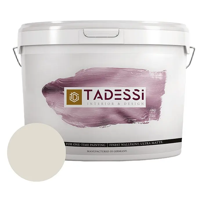 Tadessi Wandfarbe Pastell Mocha - Taupe, Matt, 5 l - Weißer Eimer TADESSI Ultra-Matt-Wandfarbe mit hellbeiger Farbprobe.