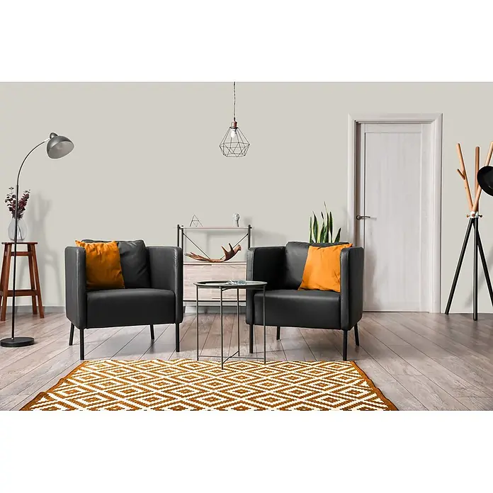 Tadessi Wandfarbe Pastell Mocha - Taupe, Matt, 5 l - Helle, greige Wandfarbe in einem modernen Wohnzimmer.