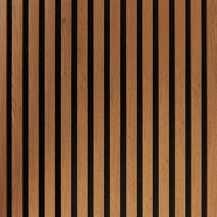 FibroTech Akustikpaneel Unika 25 - Oiled Oak, 2.440 x 600 x 22 mm - Braune Holzlamellen-Wandverkleidung auf schwarzem Akustikfilz.