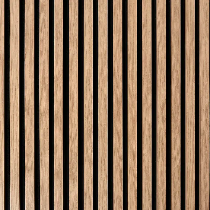 FibroTech Akustikpaneel Unika 25 - Light Oak, 2.440 x 600 x 22 mm - Helle Holzlamellen-Akustikpaneele mit schwarzer Filzrückseite zur Schalldämpfung und modernen Wandgestaltung.