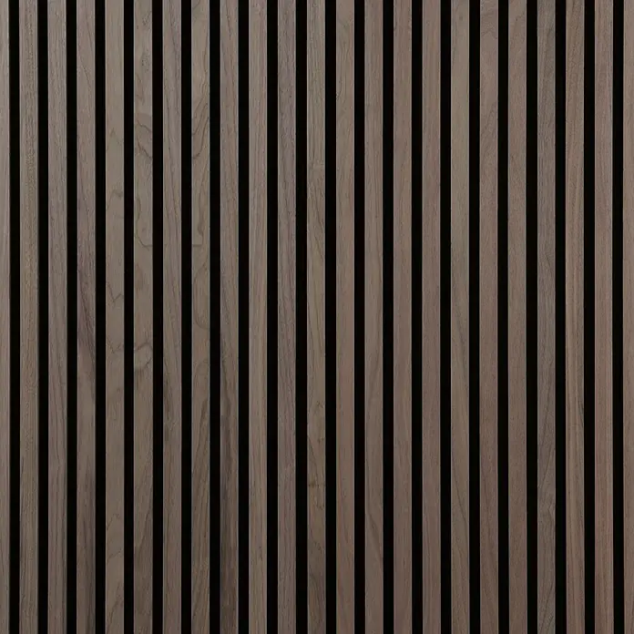 FibroTech Akustikpaneel Proff - Walnut, L x B x S: 3.000 x 605 x 22 mm - Dunkle Holzlamellenplatte mit vertikalen Holzleisten und dunklen Zwischenräumen, für Wandverkleidung.