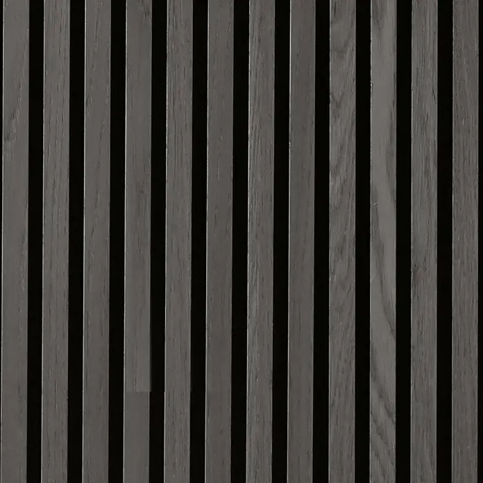 FibroTech Akustikpaneel Premium - Black Oak, 2.440 x 605 x 22 mm - Dunkelgraue Holzlamellenwand, vertikales Design.
