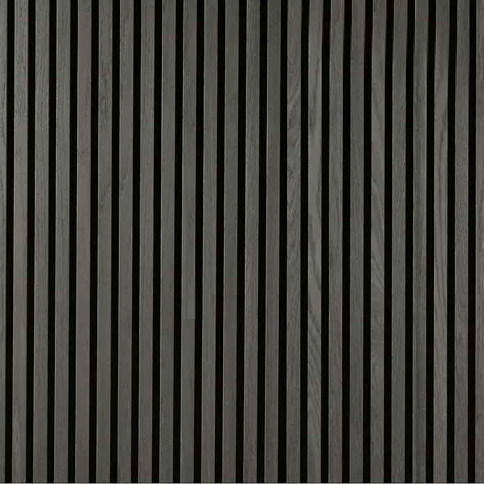 FibroTech Akustikpaneel Premium - Black Oak, 2.440 x 605 x 22 mm - Dunkelgraue Holzlamellenwand, vertikales Design.