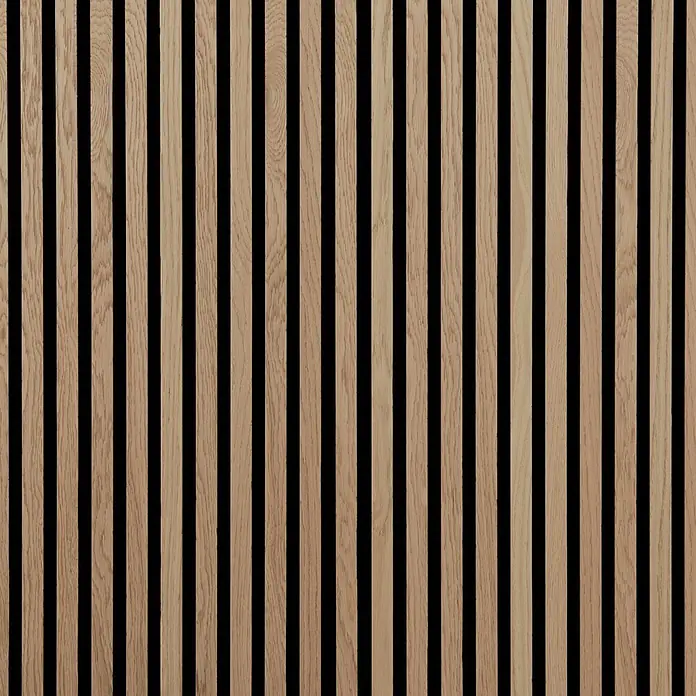 FibroTech Akustikpaneel Proff - Light Oak, L x B x S: 3.000 x 605 x 22 mm - Hellbraune Holzlamellenwand mit schwarzer Akustikunterlage zur Wand- und Deckendekoration.