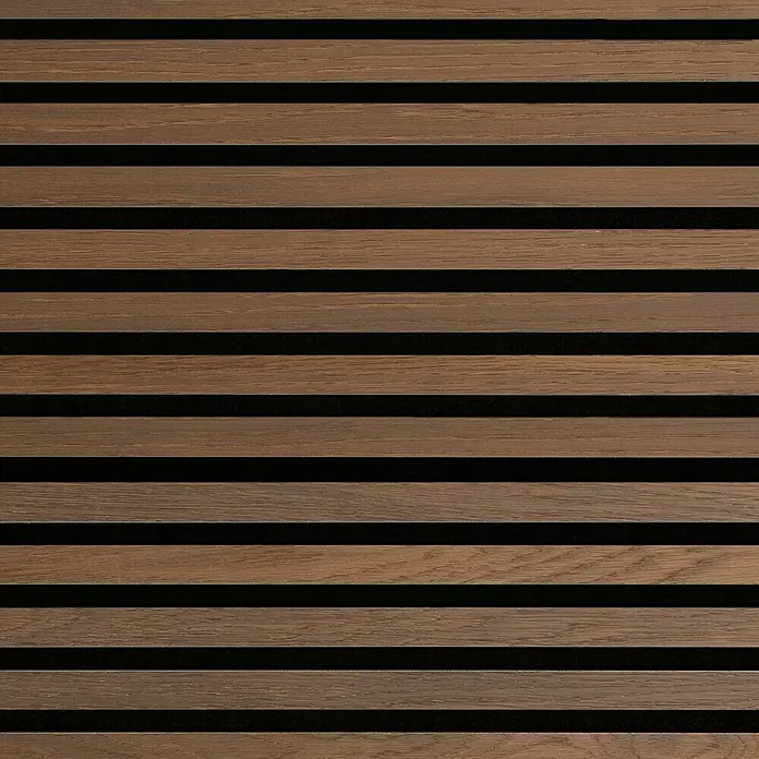 FibroTech Akustikpaneel SQUARE - Oiled Oak, 520 x 520 x 22 mm - Braunes Akustikpaneel aus Holzlamellen mit dunklen Zwischenräumen für Wand- oder Deckenverkleidung.