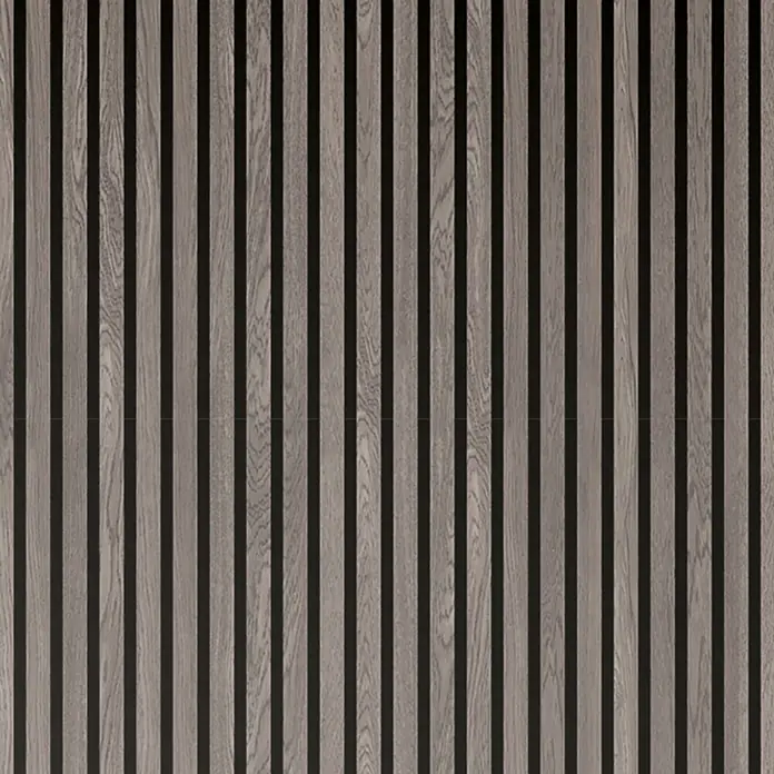 FibroTech Akustikpaneel Proff - Grey Oak, L x B x S: 3.000 x 605 x 22 mm - Vertikale Holzlamellen-Wandverkleidung in Hellbraun-Grau mit dunklen Zwischenräumen, mit Holzmaserung.