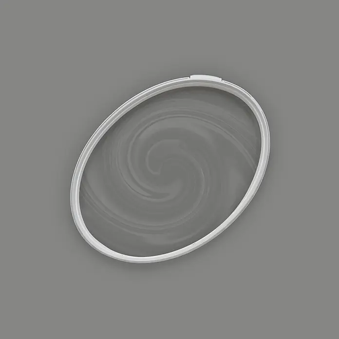 Tadessi Wandfarbe Schiefergrau - Grau, Matt, 2,5 l - Weißer ovaler Behälterdeckel mit grauem Wirbelmuster.