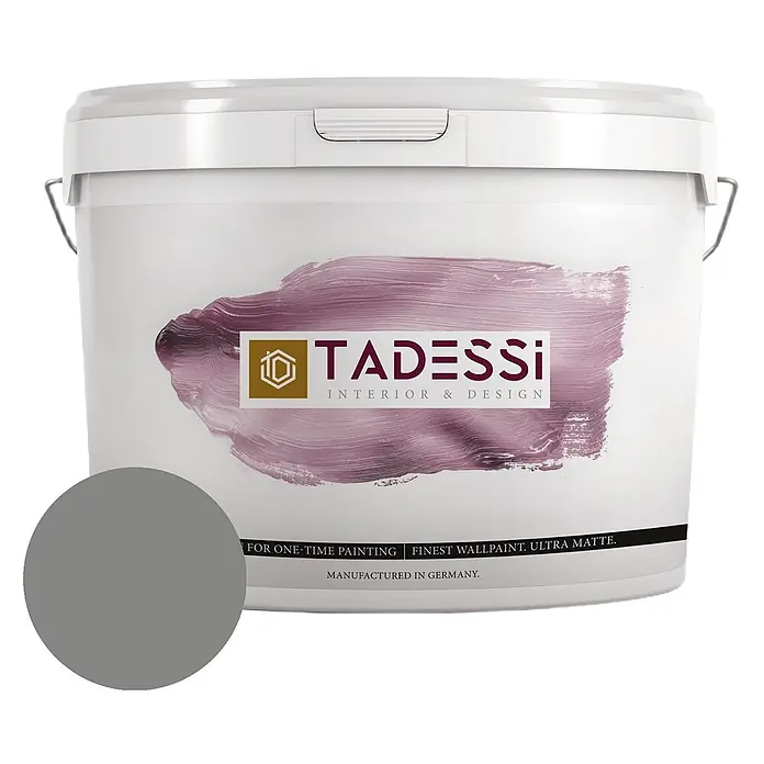 Tadessi Wandfarbe Schiefergrau - Grau, Matt, 2,5 l - Weißer Tadessi Eimer Ultramatt-Wandfarbe in Grau.