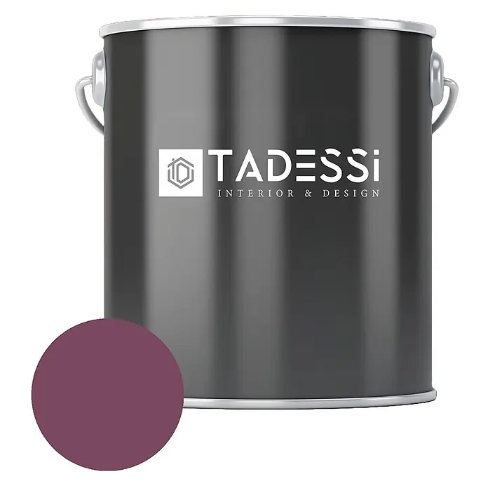 Tadessi Wandfarbe Aubergine - Violett, Matt, 1 l - Eine dunkelgraue Farb罐 mit weißem 'TADESSI'-Logo. Daneben ein runder pflaumenfarbener Farbfleck, der die Farbe des Anstrichs zeigt.