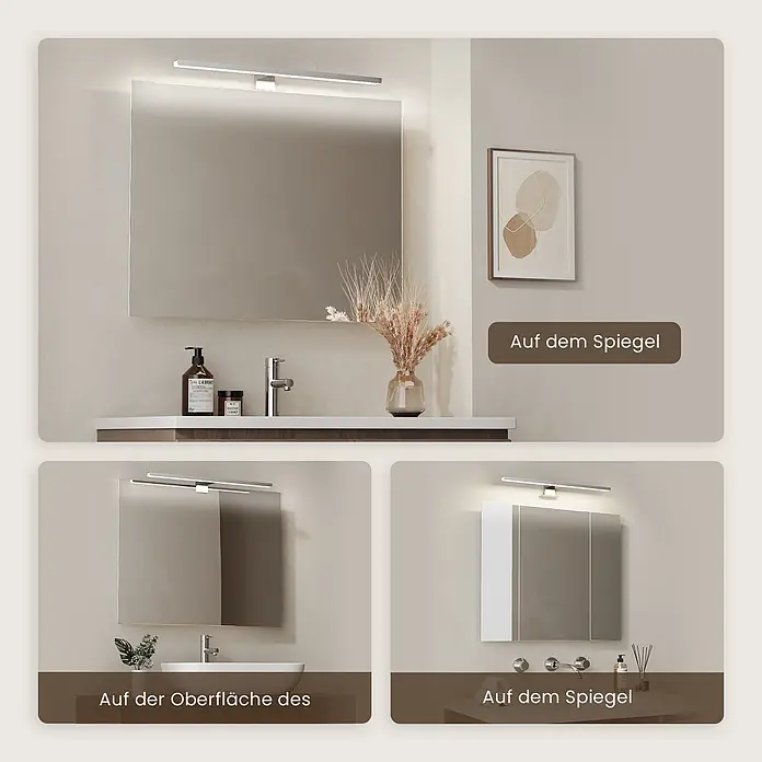 Emke LED-Spiegelleuchte L08 - 8 W, Verchromt - Elegante silberne LED-Spiegelleuchte über einem Badspiegel, sorgt für helle Beleuchtung.